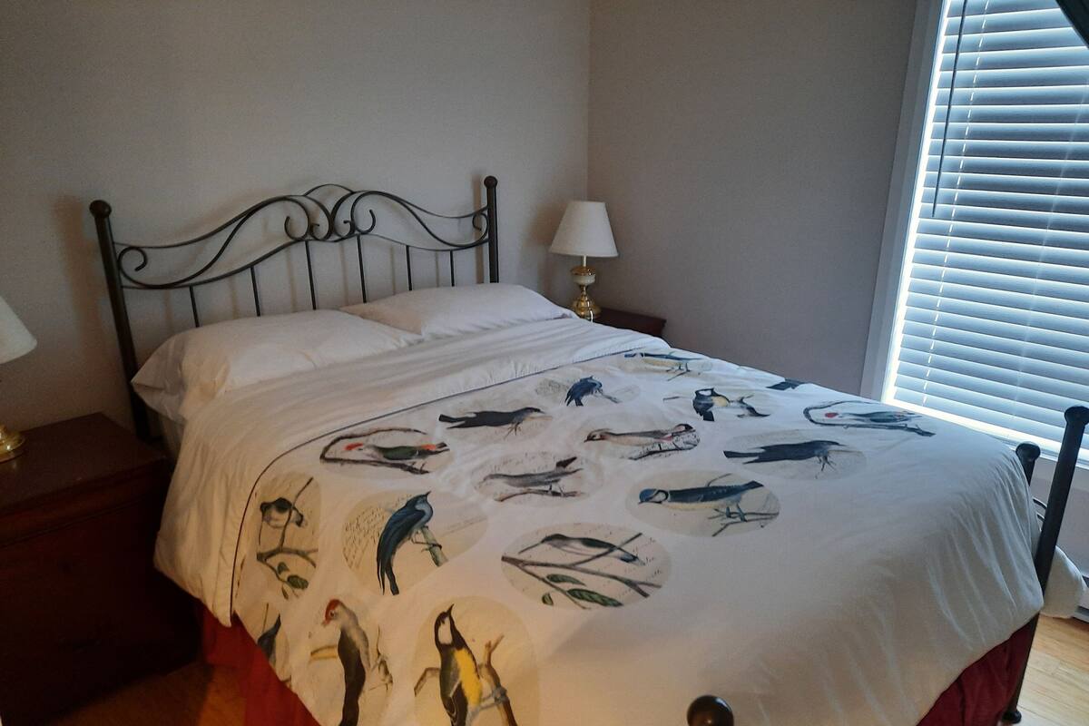 Una cama con colcha blanca con ilustraciones de pájaros, cabecero de metal, mesita de noche con lámpara y ventana con persianas.