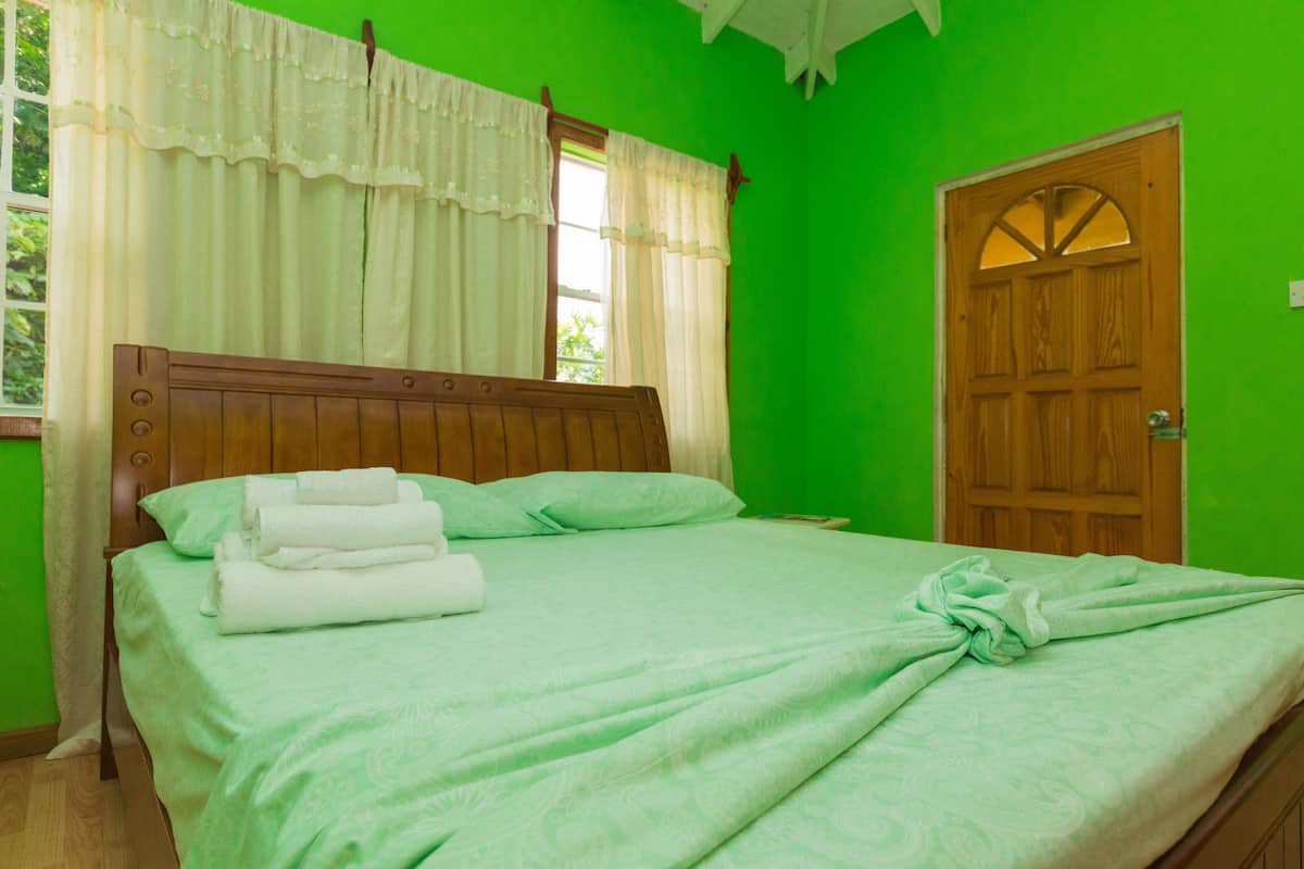 A room with a bed, a wooden door, and a window with curtains.
