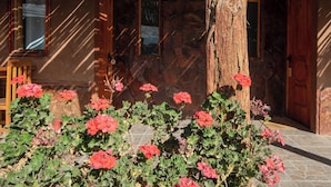 Un bâtiment en pierre avec une porte et une fenêtre en bois, entouré de géraniums rouges.