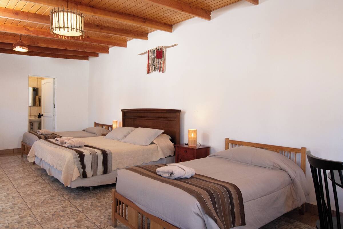 Una habitación con dos camas de madera, techo de madera y una pequeña mesita de noche con lámpara.