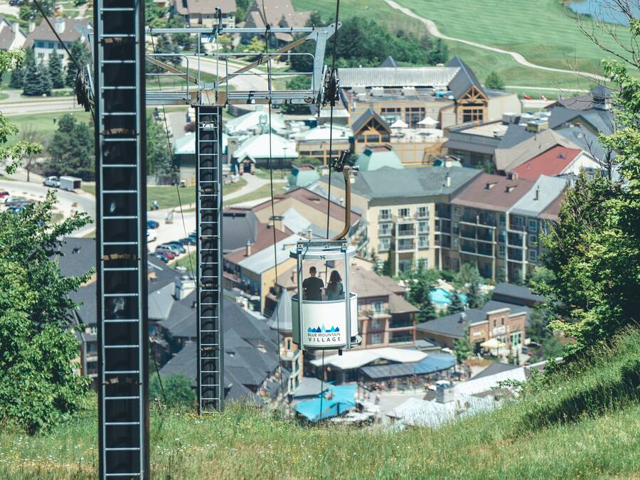 Sistema de teleférico con una cabina identificada como “Blue Mountain Village” en medio de un pueblo con diversos edificios y una ladera.