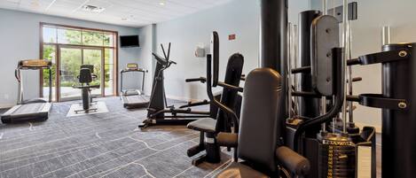Une salle de sport équipée de machines de cardio, d’appareils de musculation et dotée d’une grande fenêtre donnant sur un espace verdoyant.