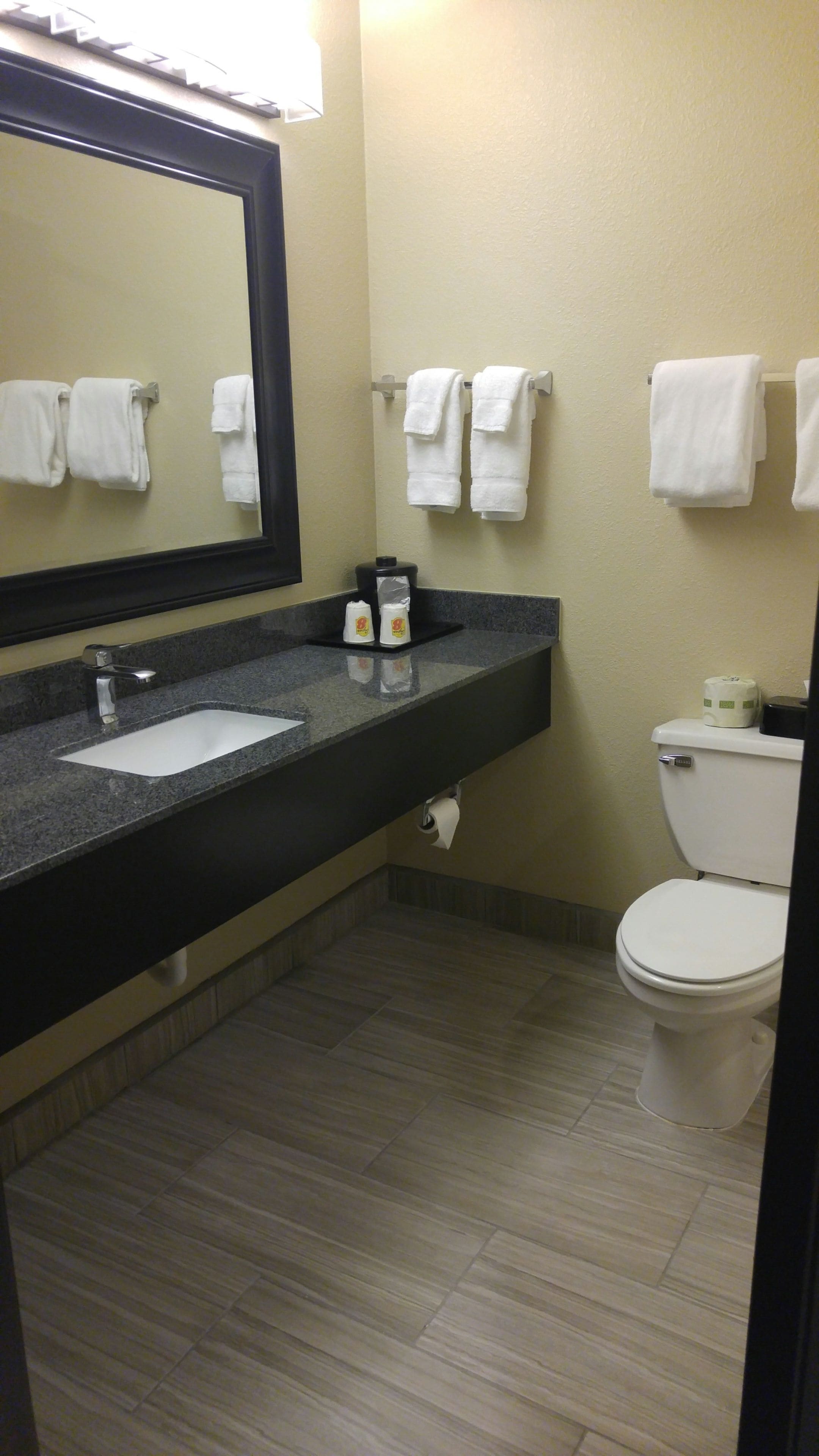 A bathroom with a sink, mirror, two towels on the wall, toilet, and toilet paper.