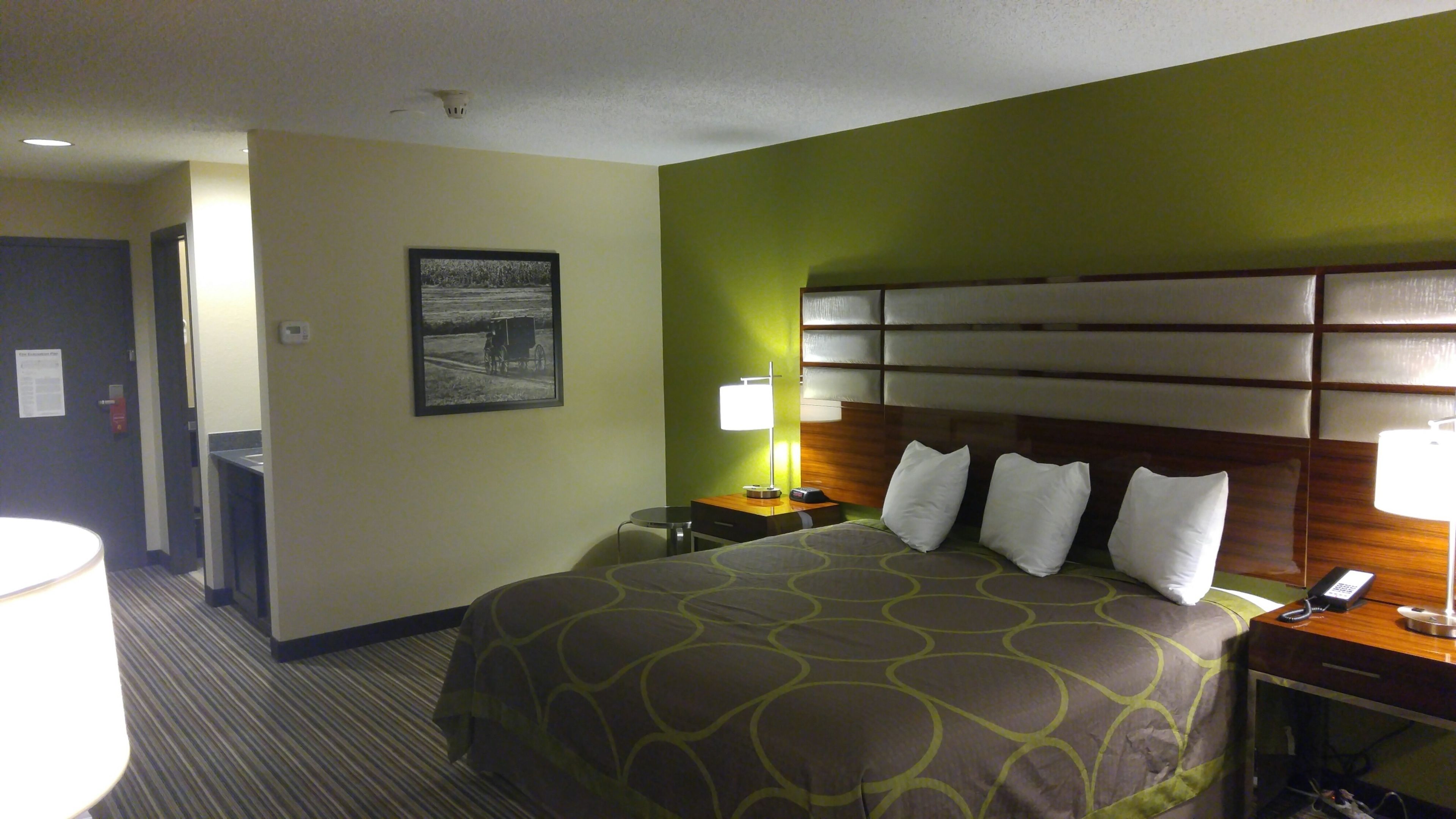A hotel room with a large bed, a bedside table with a lamp, a nightstand with a phone, and a framed picture on the wall.