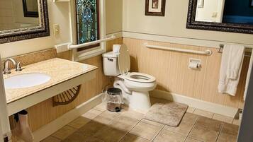 A bathroom with a sink, toilet, and vanity mirror.