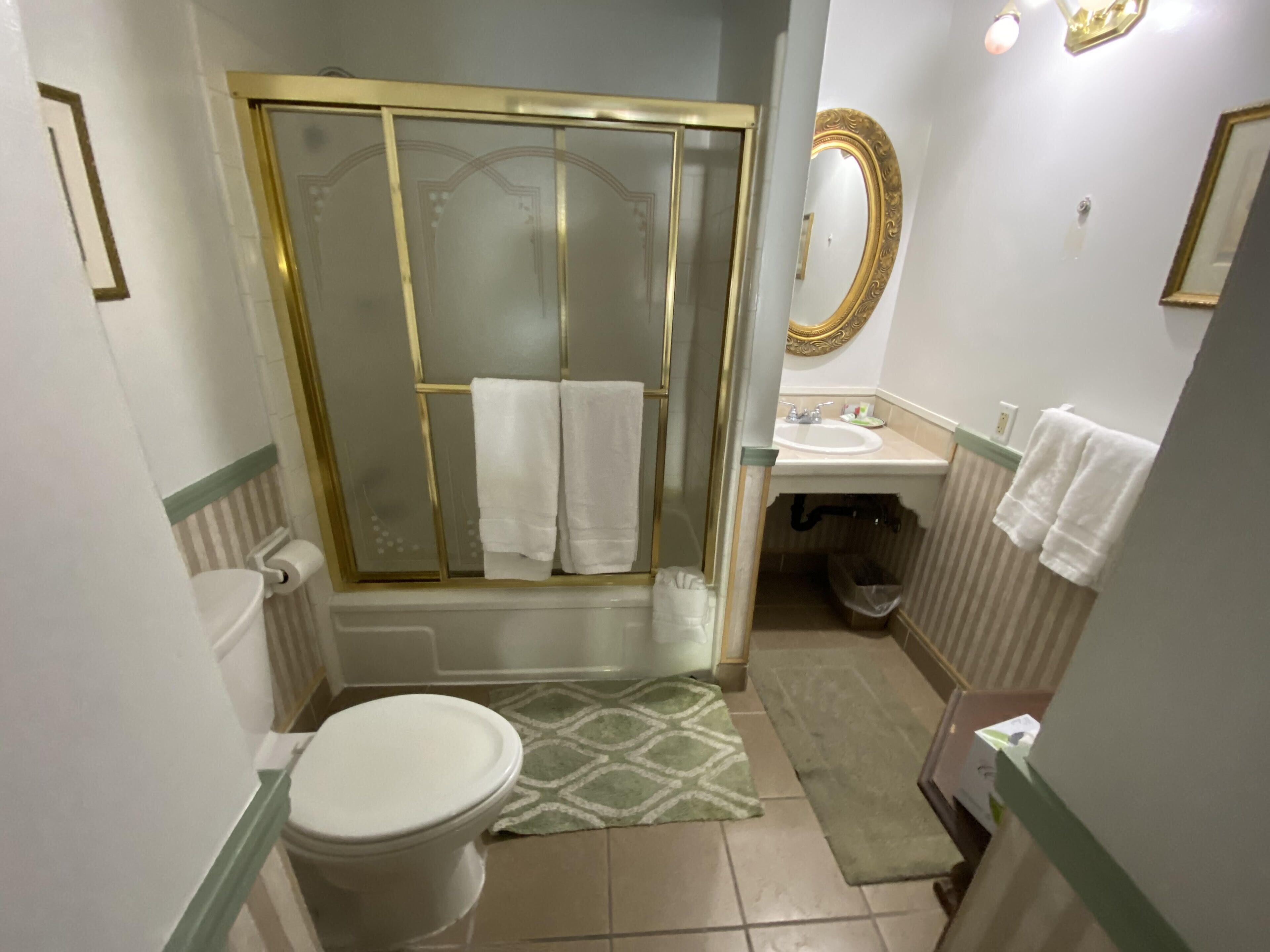 A bathroom with a shower, toilet, sink, and a mirror.