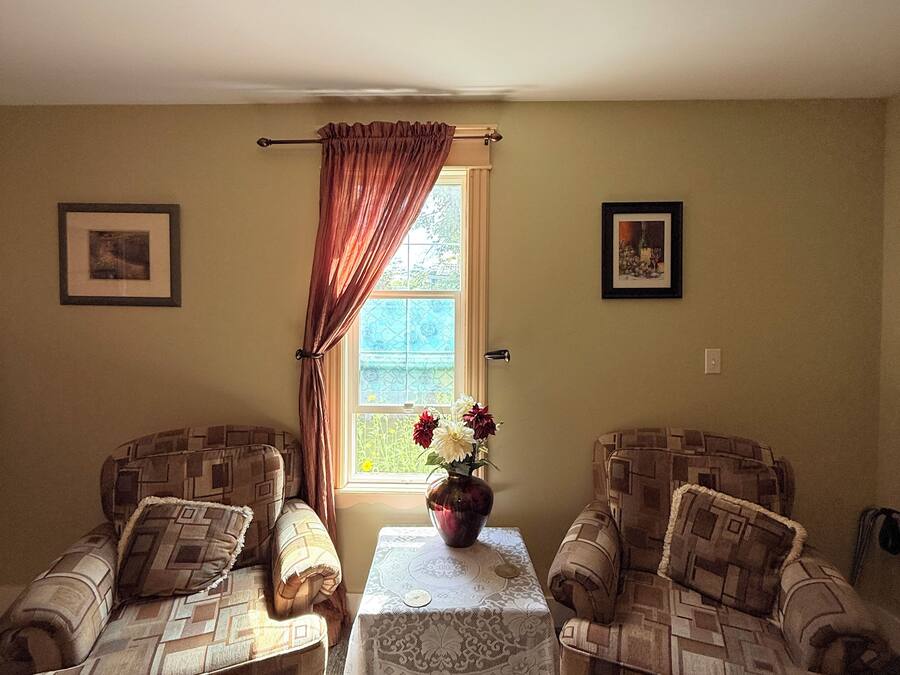 A room with two patterned armchairs, a small table with a vase of flowers, and a window with curtains.