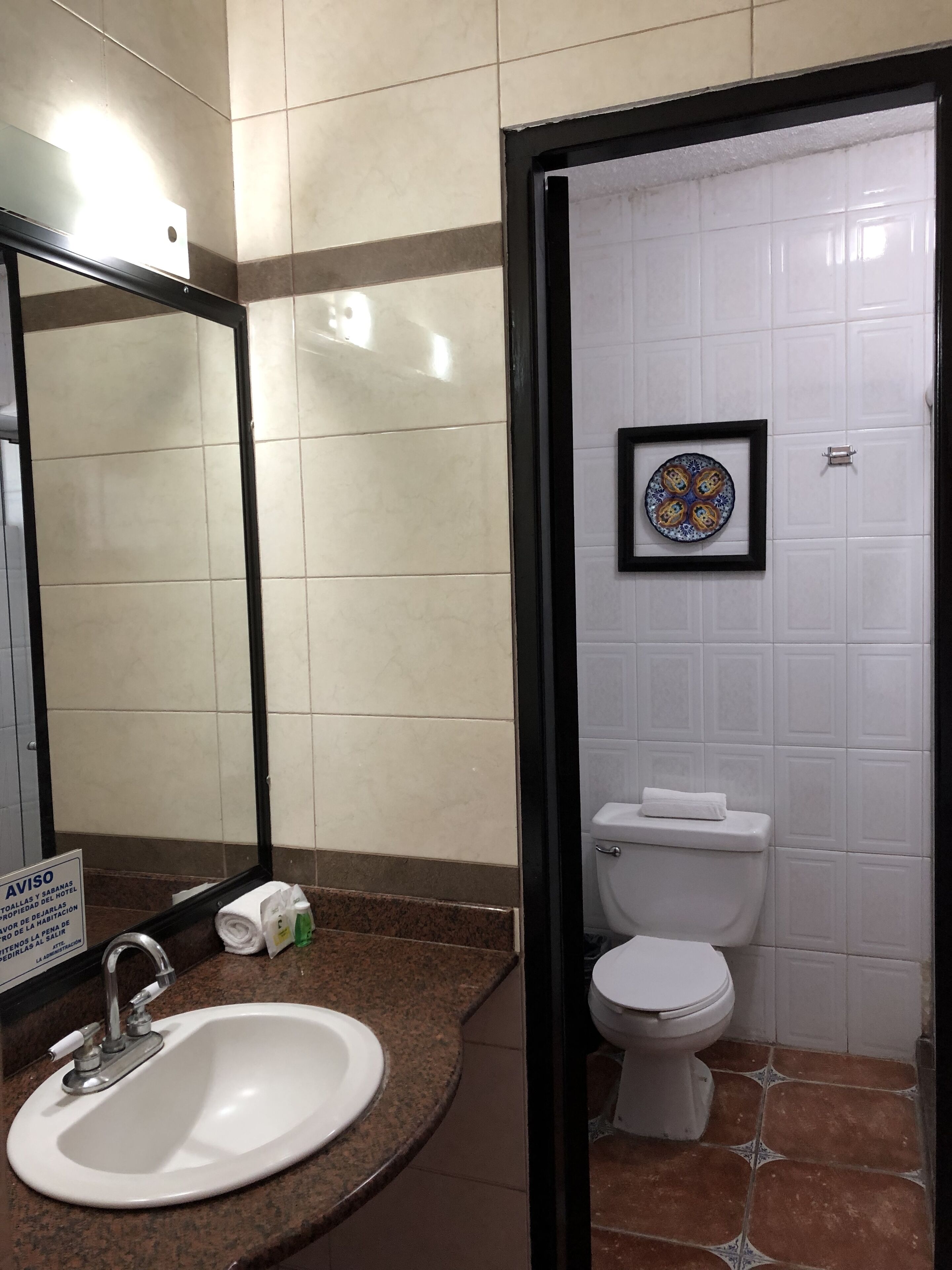 A bathroom with a sink, mirror, toilet, and a framed picture on the wall.