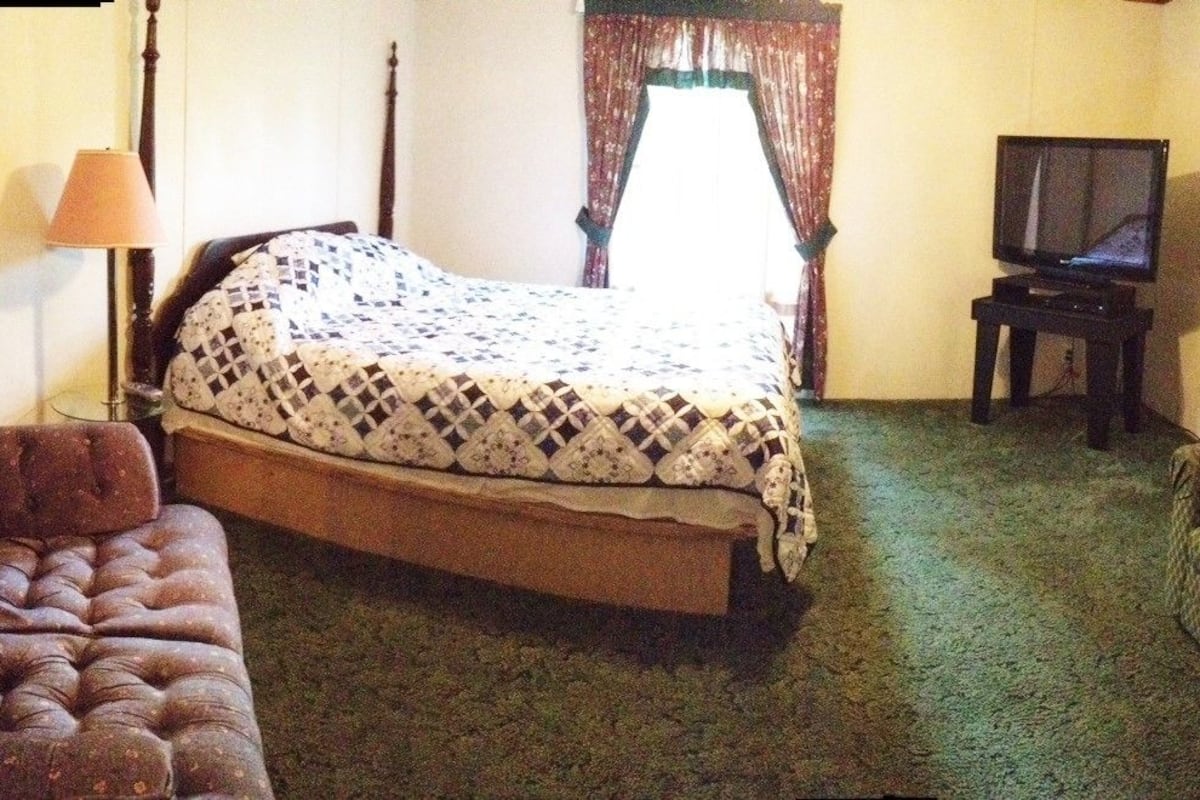A room with a bed, a sofa, a television, and a lamp.
