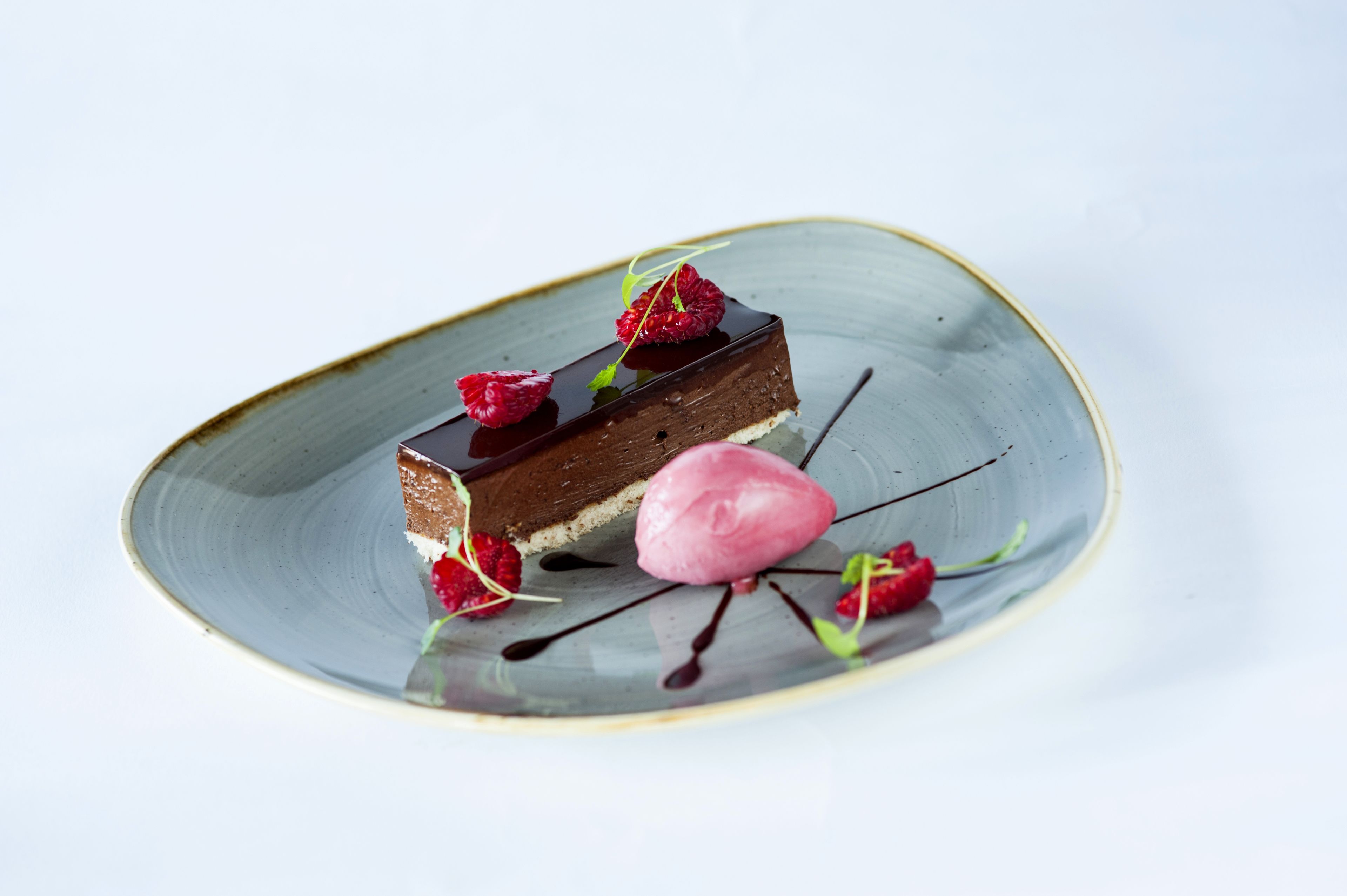 A dessert on a plate with chocolate and raspberry components.
