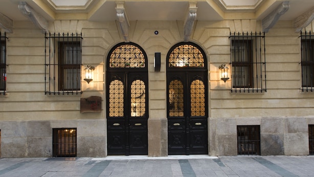 A building facade with two symmetrical black doors, each with a grid-patterned window. - Taxim Lounge Hotel - Special Class (Istanbul)
