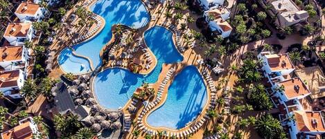 Outdoor pool, pool umbrellas, pool loungers