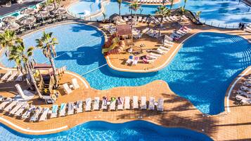 Outdoor pool, pool umbrellas, pool loungers