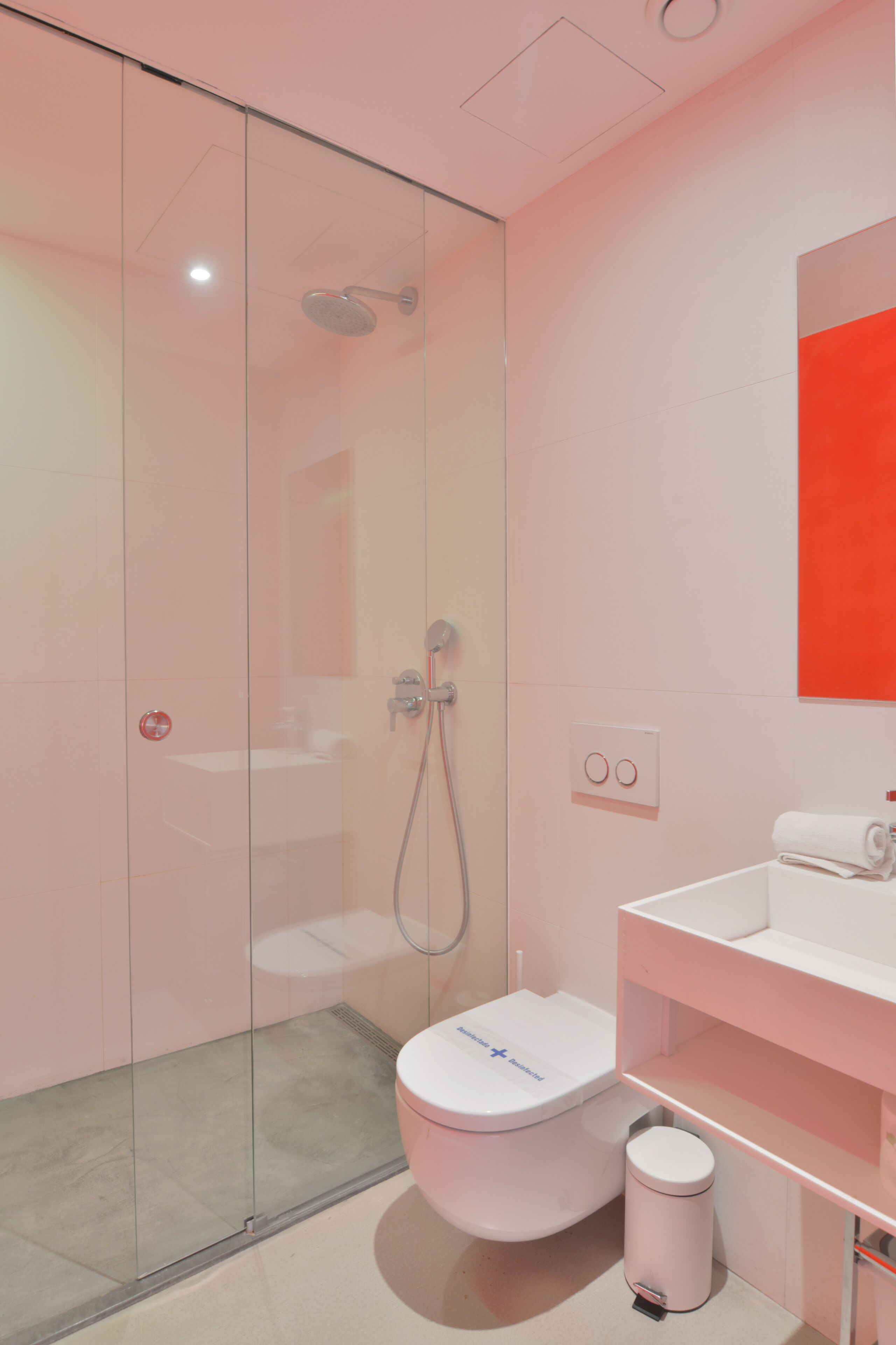 A modern bathroom with a glass shower enclosure, a white toilet, and a sink with a mirror above it.
