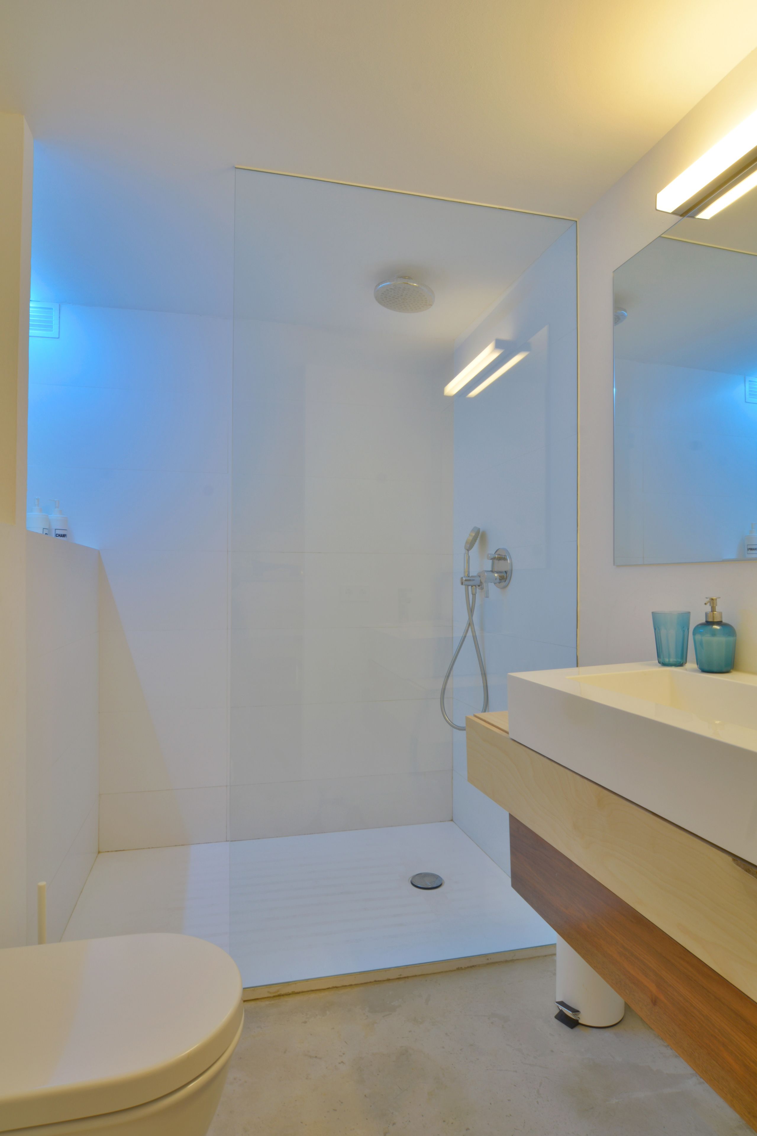 Un baño moderno con ducha, inodoro y tocador.