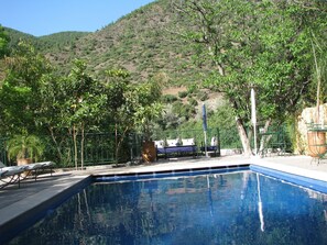 Outdoor pool, pool umbrellas, sun loungers