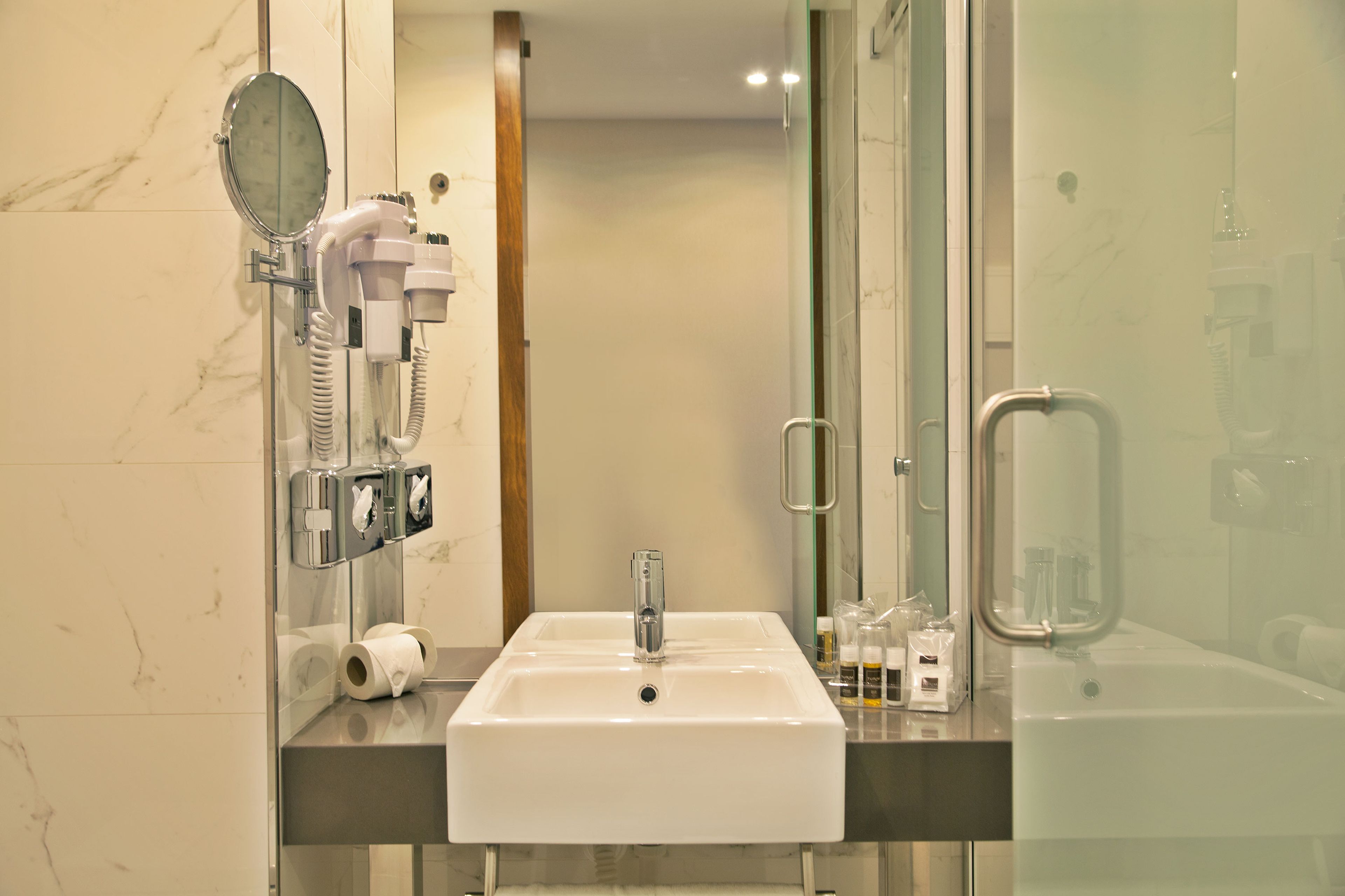 free toiletries, hair dryer, towels