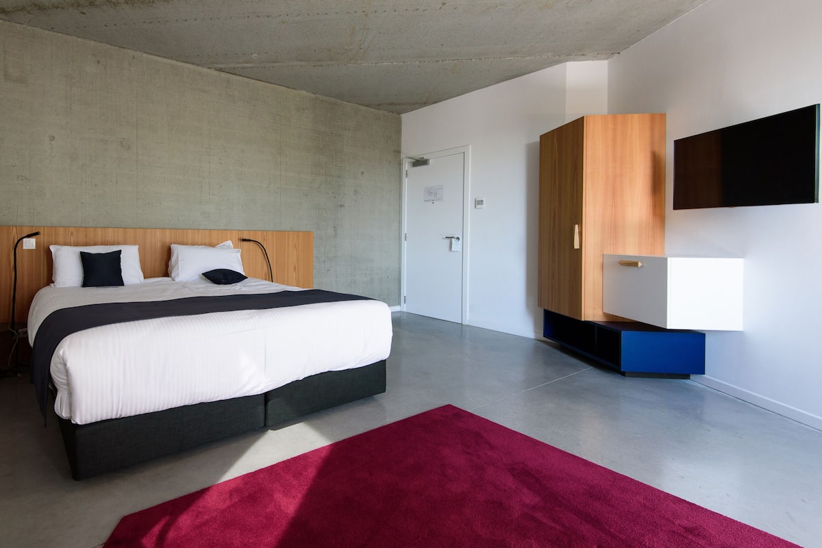 Ein modernes Hotelzimmer mit einem großen Bett, einem roten Teppich, einem Holzschrank und einem flachbildfernseher an der Wand.