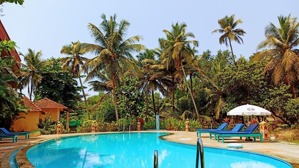 A circular pool surrounded by palm trees and blue lounge chairs. - Carina Beach Resort (Benaulim)