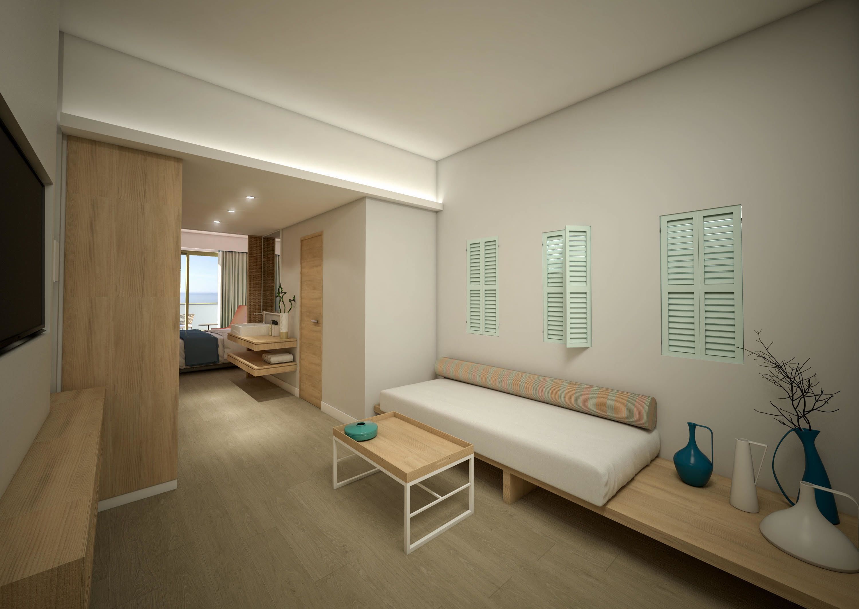 A modern, well-lit room with a sofa, a small table, and a bench. There are two windows with shutters, a mirror, and a view of a balcony.