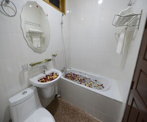 Chambre Deluxe double | Salle de bain | Douche, articles de toilette (gratuits), séchoir à cheveux, pantoufles
