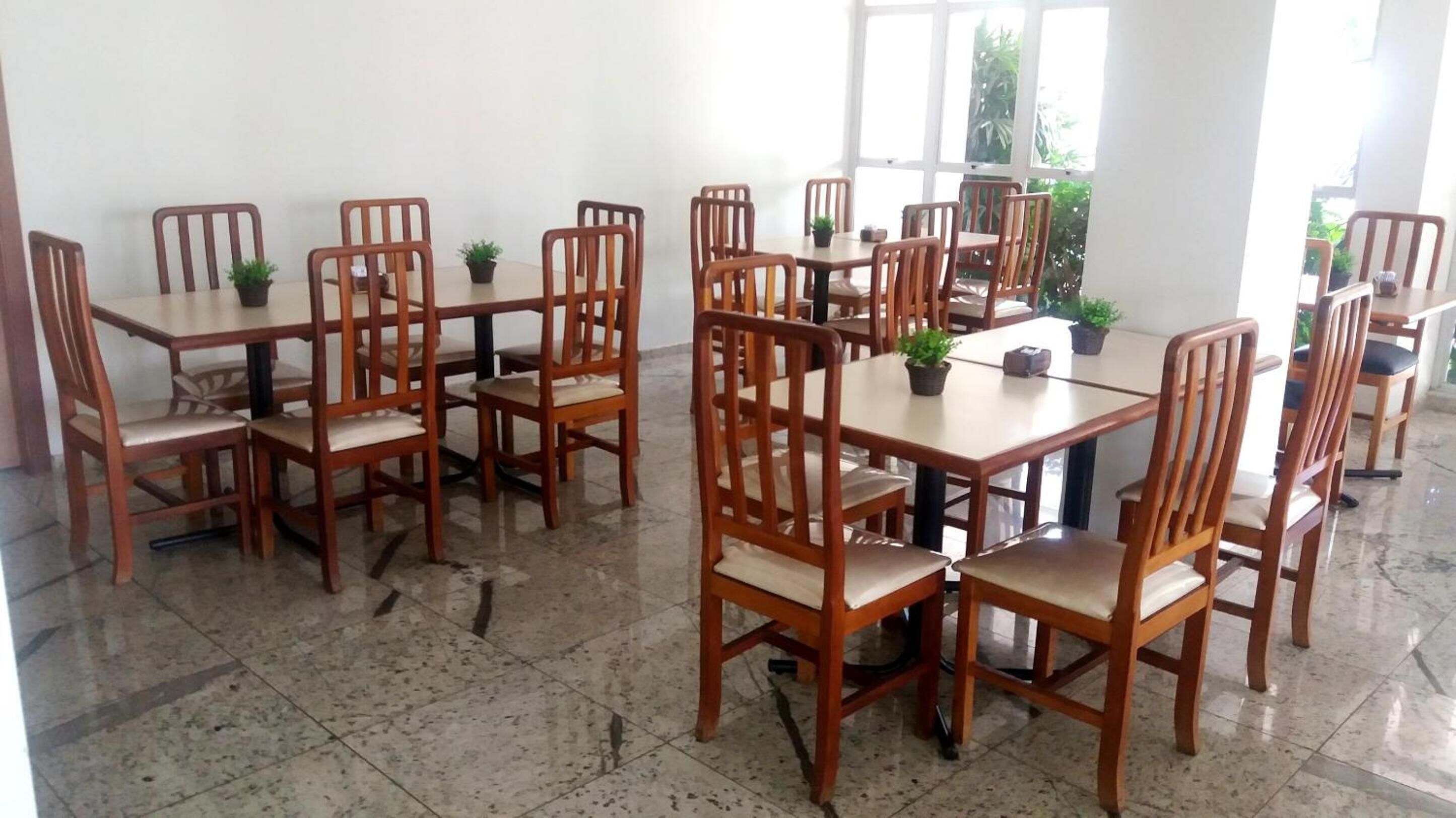 Comedor con mesas y sillas de madera, plantas en macetas y amplios ventanales que dejan entrar luz natural.
