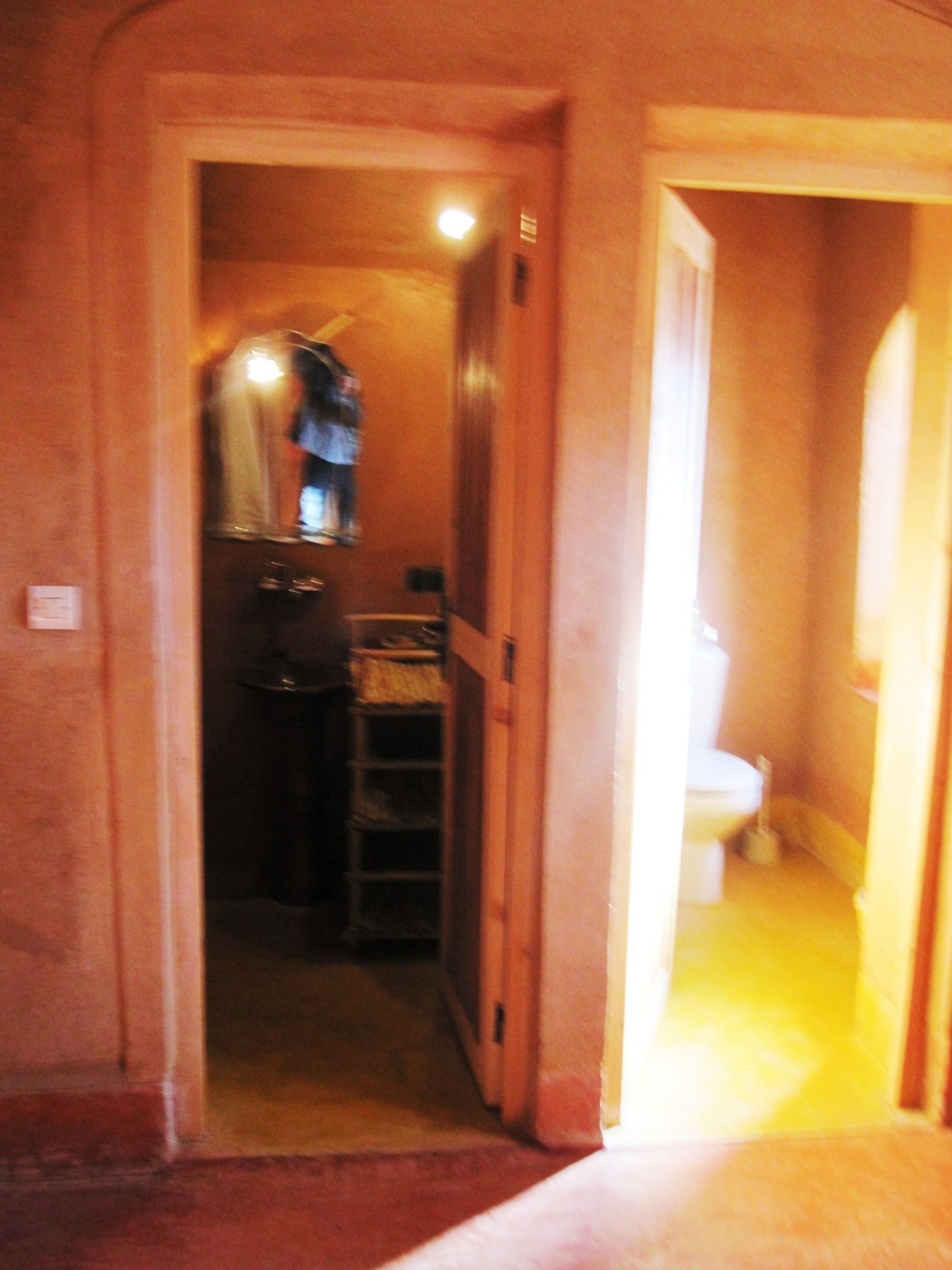A narrow hallway with a wooden door leading to a bathroom.