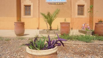 Un'area reception con un cartello che riporta “CASBAH D'HOTE LA JEANNE RECEPTION”, piante in vaso e una bicicletta.