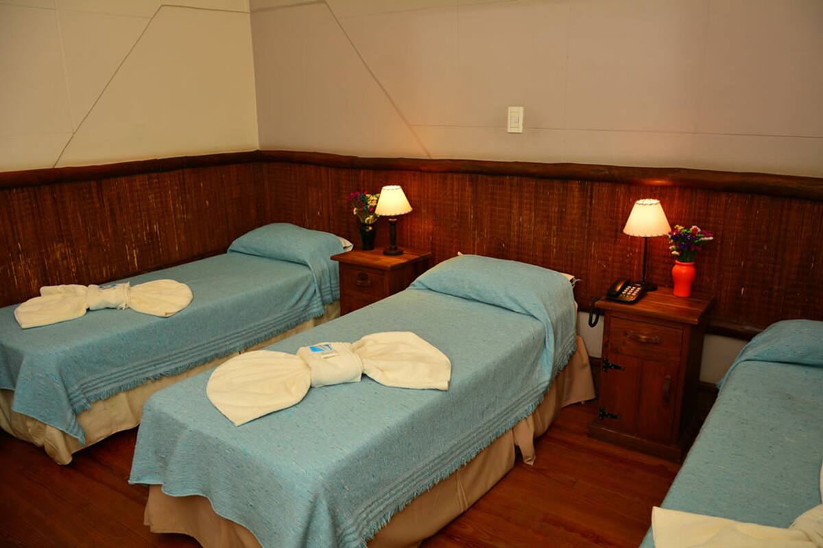 A hotel room with two single beds, each with a blue bedspread and a white towel. There are two bedside tables with lamps and a vase of flowers on one.