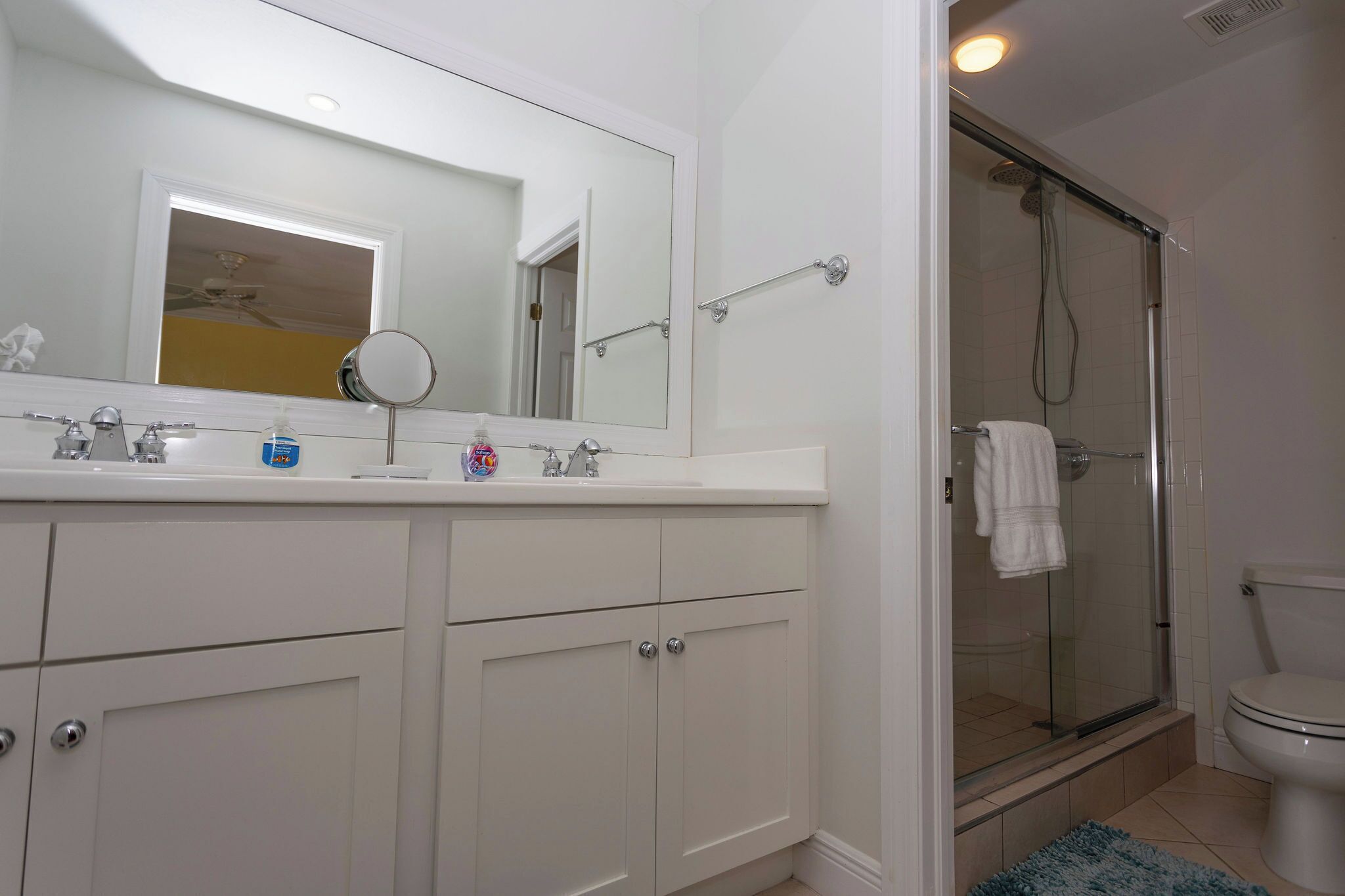 A bathroom with a white vanity, a mirror, a shower enclosure, and a toilet.