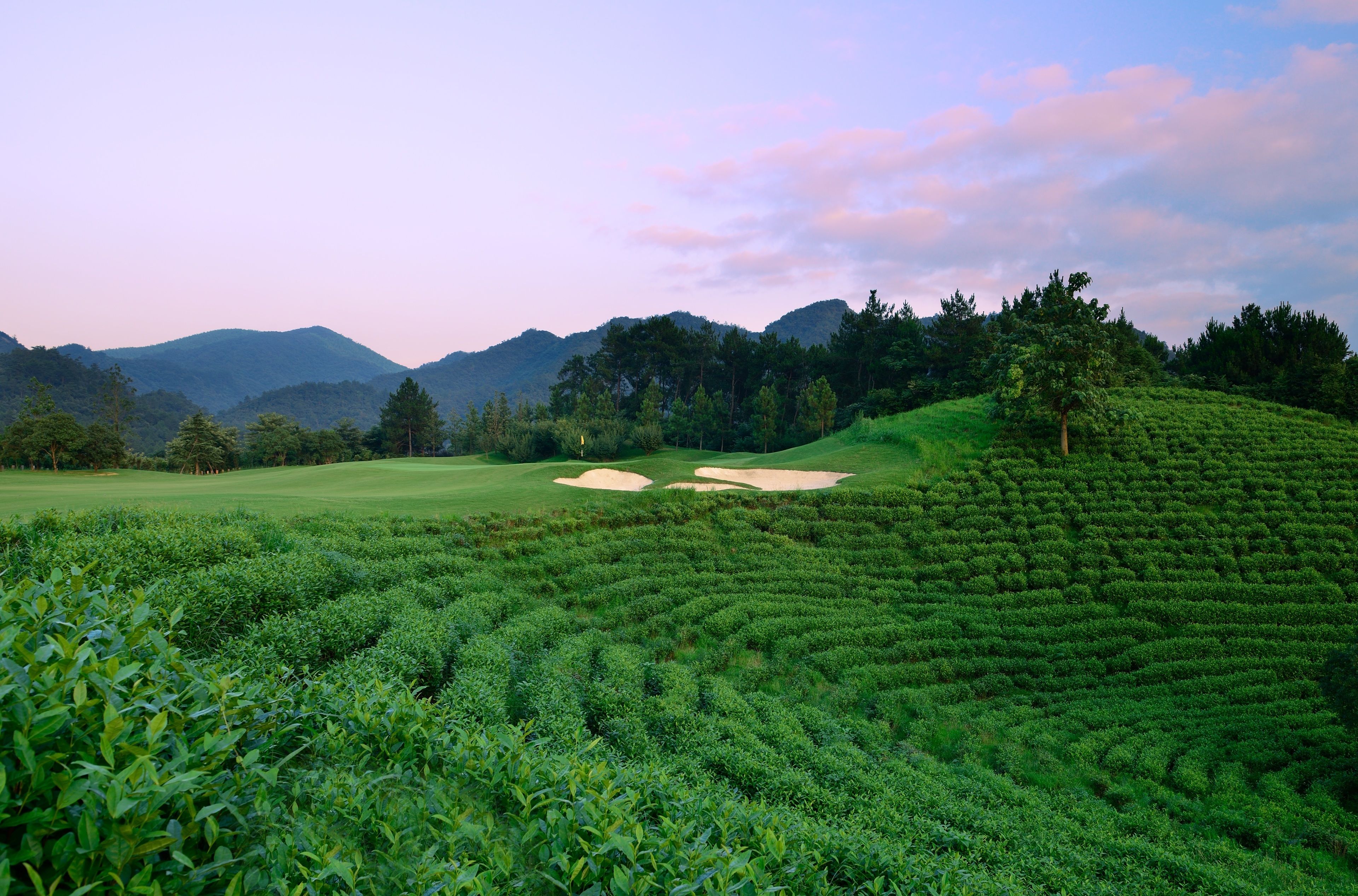 A golf course with a well-maintained green, sand bunkers, and a backdrop of mountains.