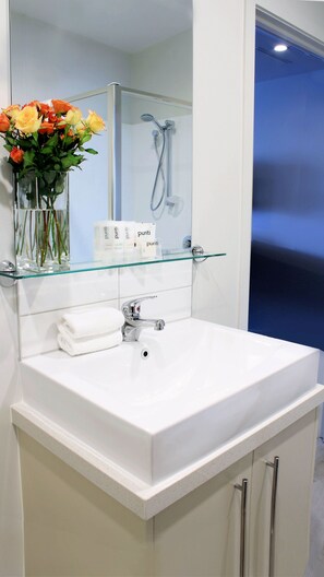 Departamento, 1 habitación | Baño | Regadera, amenidades de baño gratuitas, secadora de cabello, toallas 