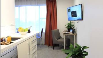 1 bedroom, desk, blackout curtains, soundproofing