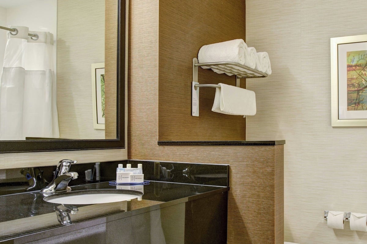 free toiletries, hair dryer, towels