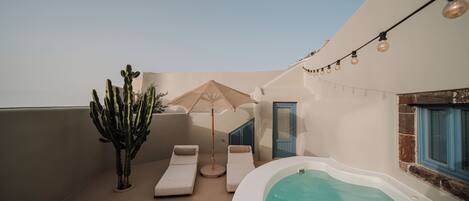 A rooftop pool area with lounge chairs, a cactus, and string lights.