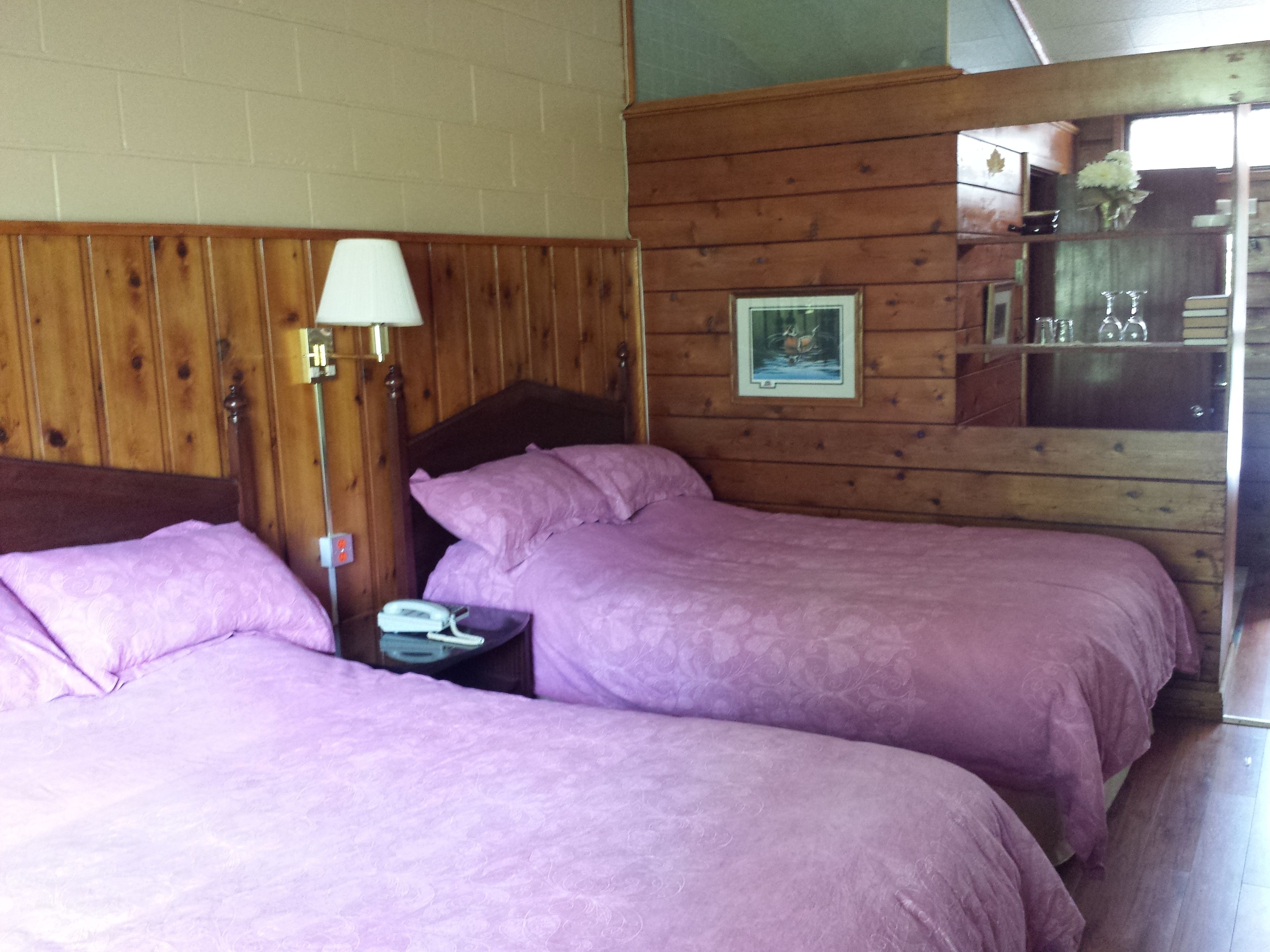 A room with two beds, wooden walls, a small bedside table with a lamp, and a framed picture on the wall.