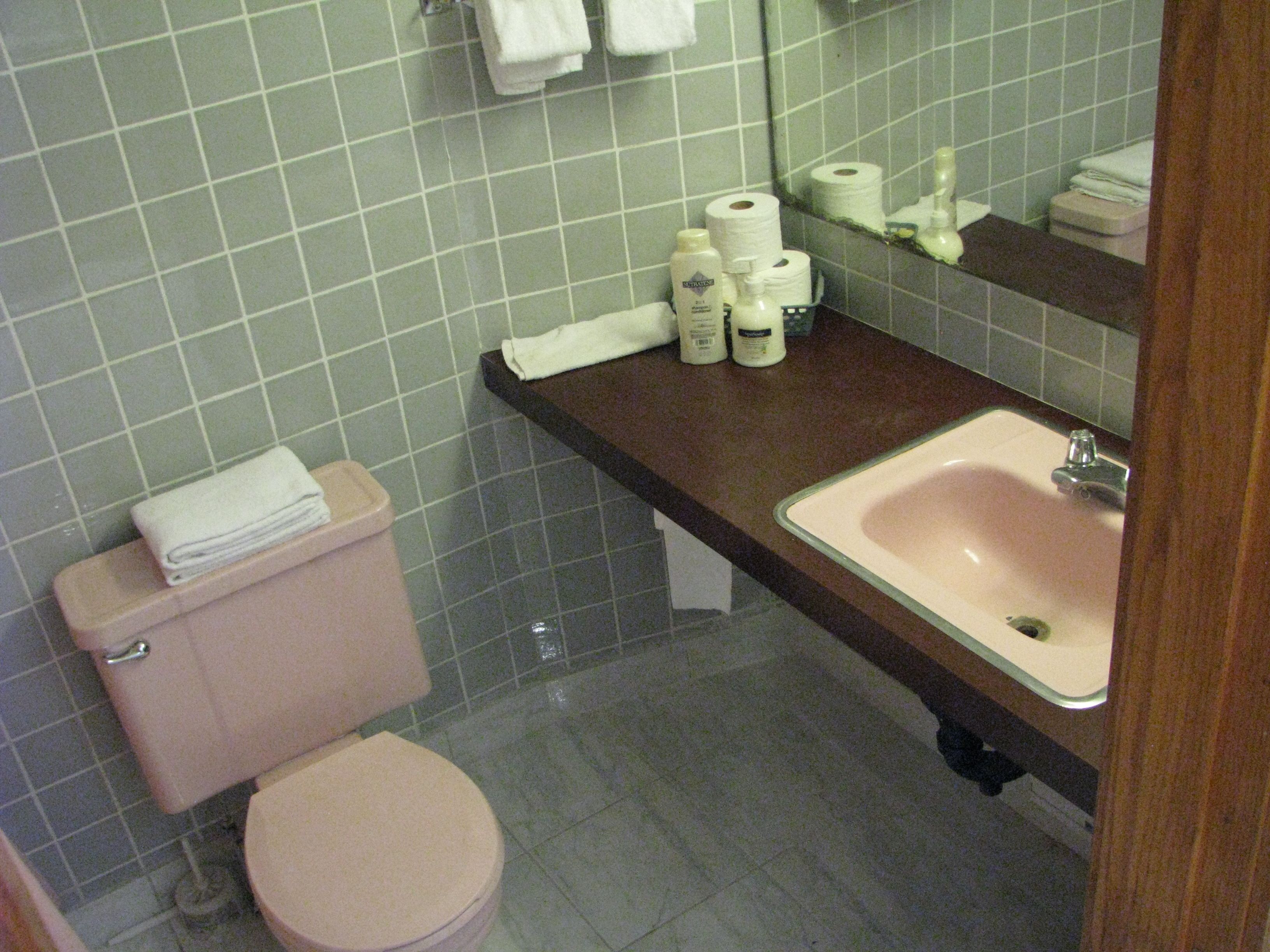 Un baño con inodoro, lavabo y espejo.