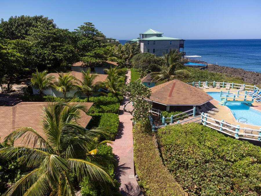 A resort with a swimming pool, palm trees, and a view of the ocean.