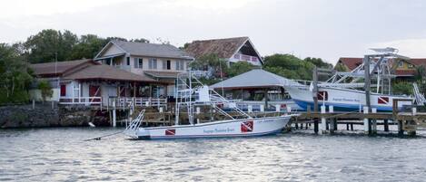 Um barco atracado chamado 'Seagrove Plantation Resort' em um marina, com casas ao fundo.