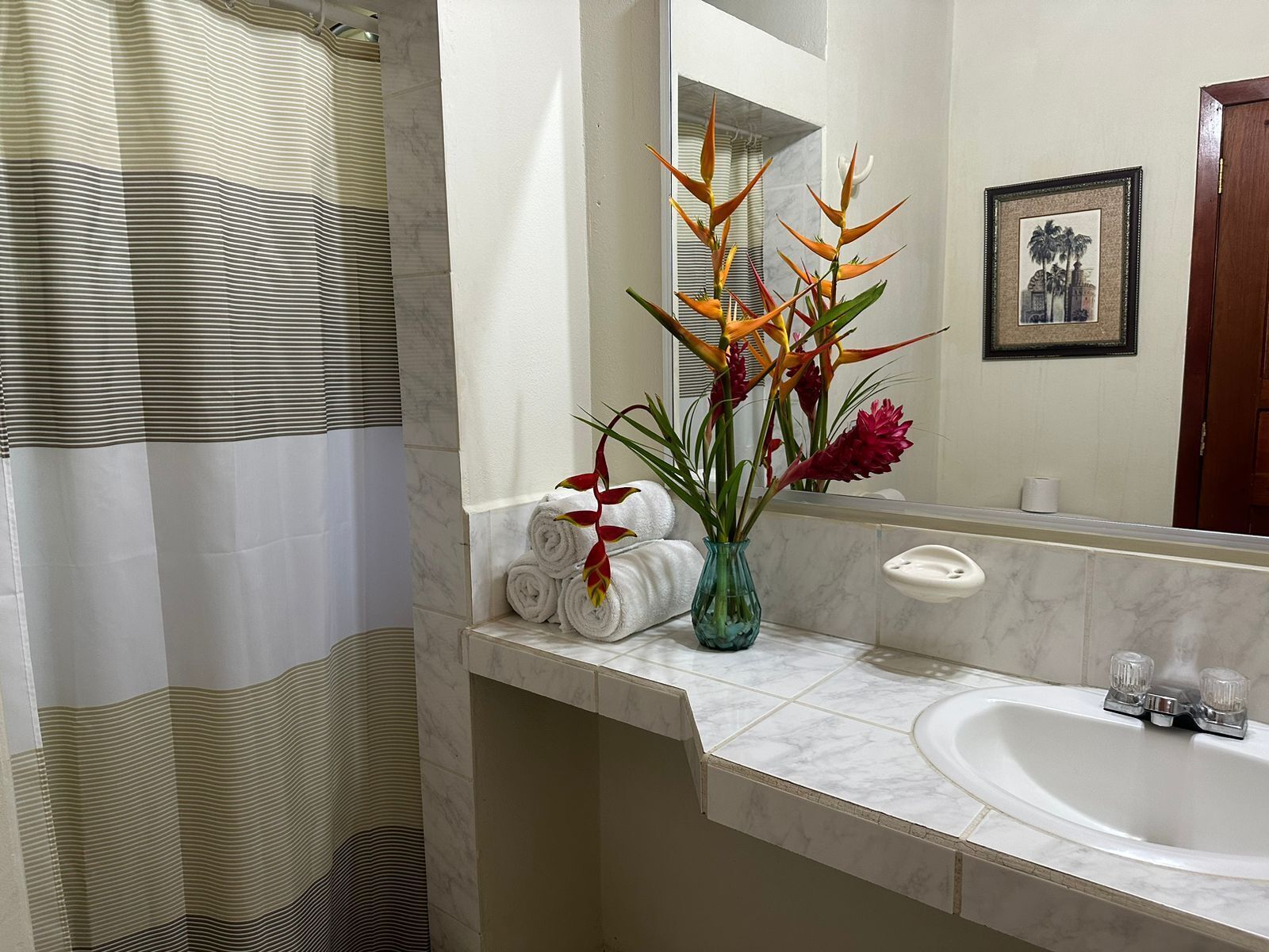 shower, towels, soap, shampoo