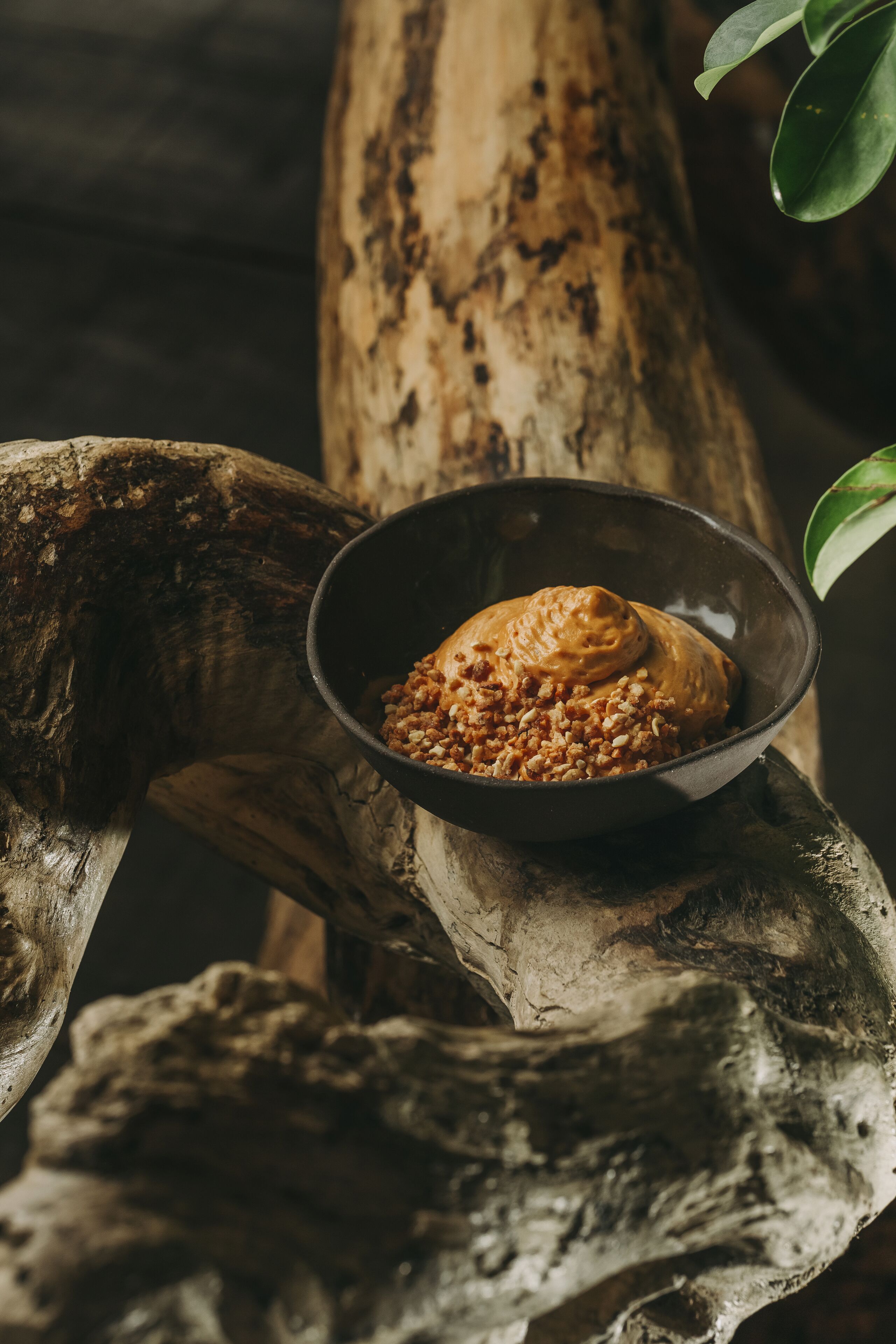A rustic wooden table with a bowl of food.