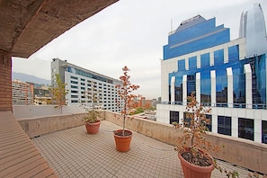 A rooftop terrace with potted plants and a view of modern buildings.