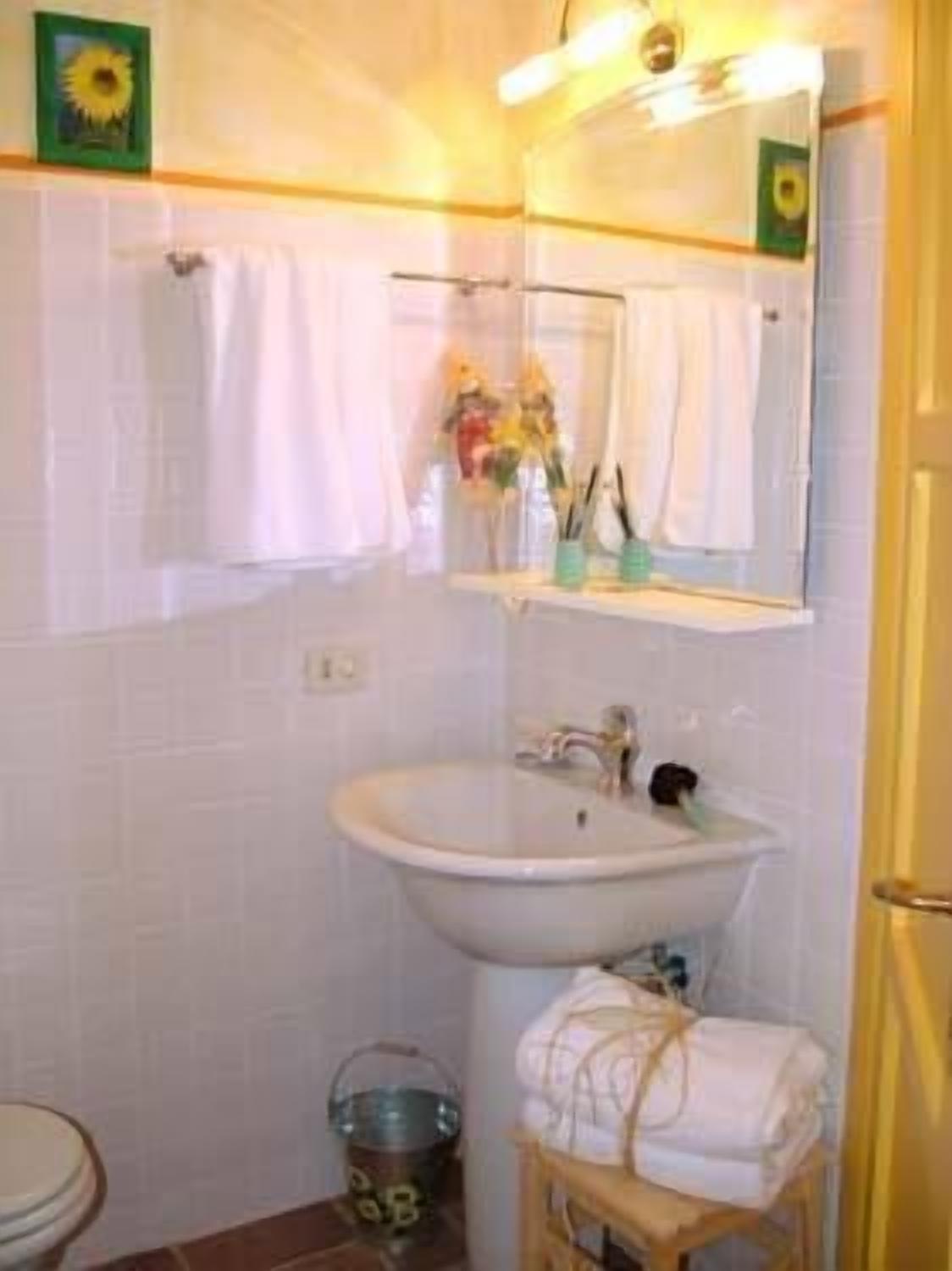 Une salle de bain avec un lavabo blanc, un miroir et un porte-serviettes.