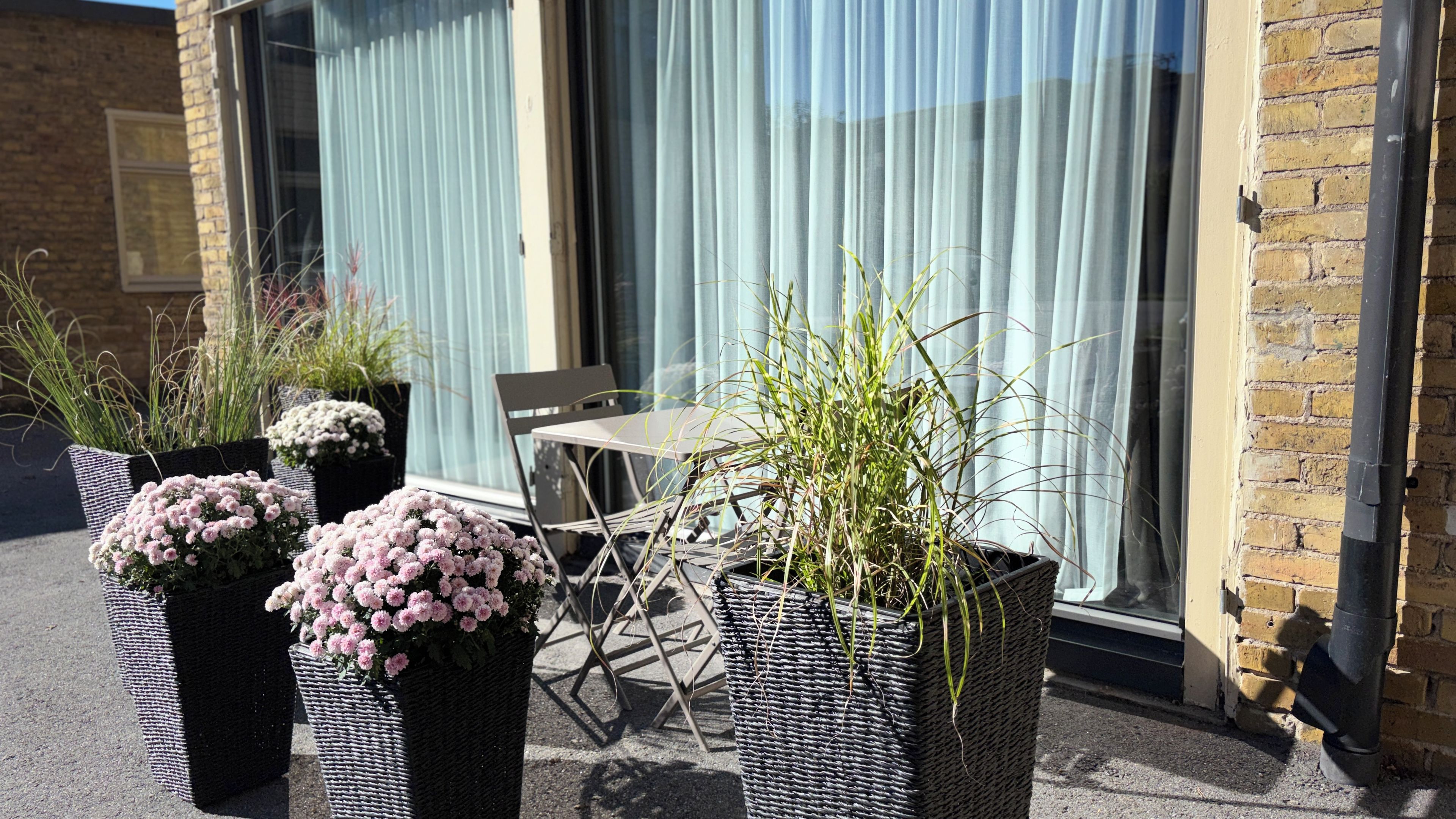 Uteplatser med blomsterprydda korgplanterare, ett bord och en stoluppsättning, placerade framför en byggnad med en fasad av tegel och stora fönster.