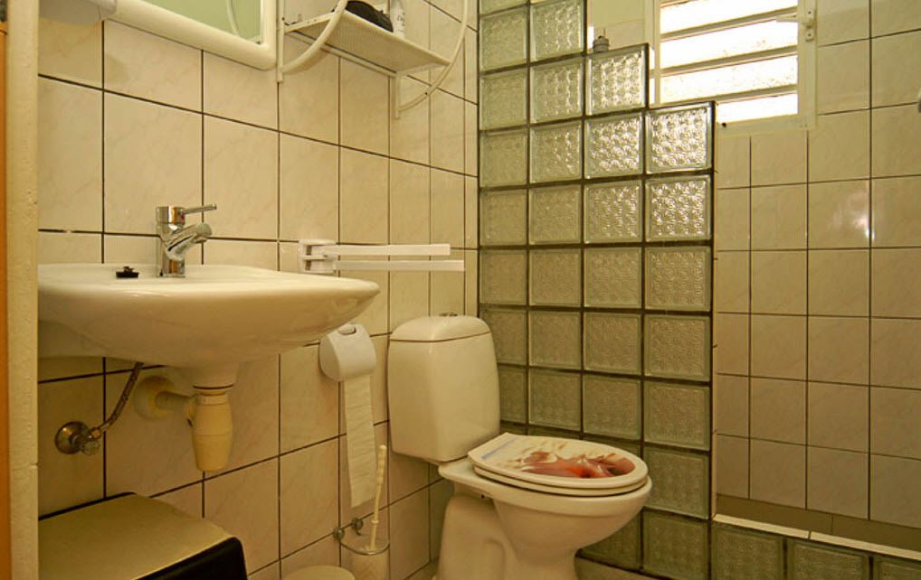 Een badkamer met een wastafel, toilet en een wand van glasblokken.