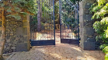 A stone pathway leading to a wrought iron gate with a number '12' on a stone pillar.