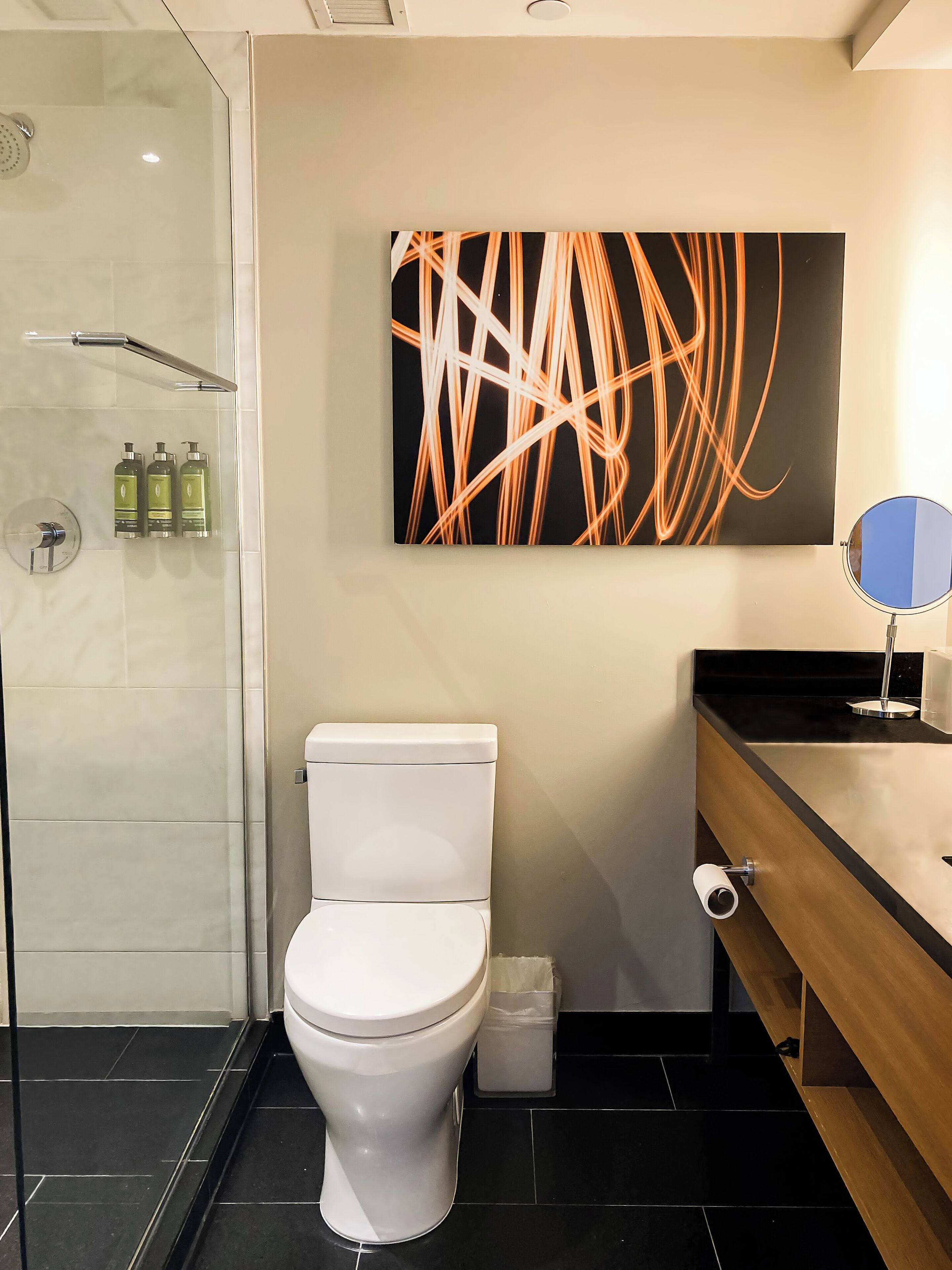 shower, designer toiletries, hair dryer, bathrobes