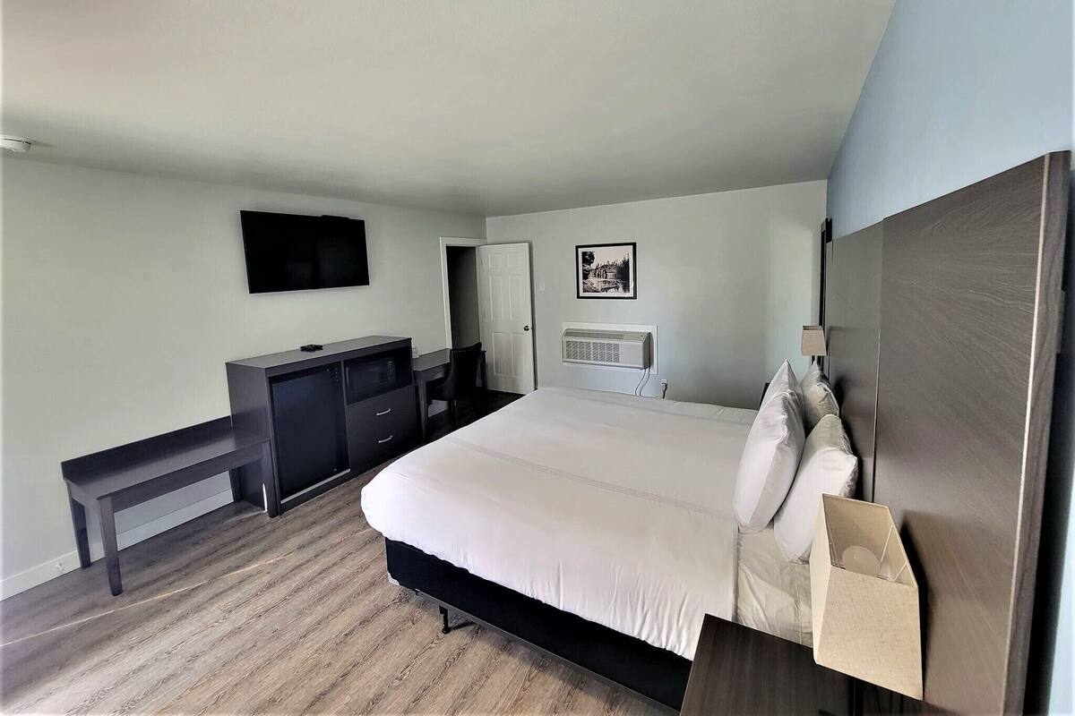 A hotel room with a bed, a desk, a chair, a television, and a picture on the wall.