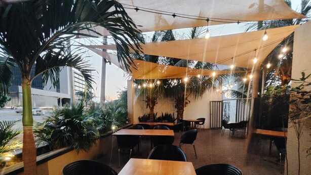 Un área de comedor al aire libre con mesas y sillas, rodeada de plantas y palmeras.