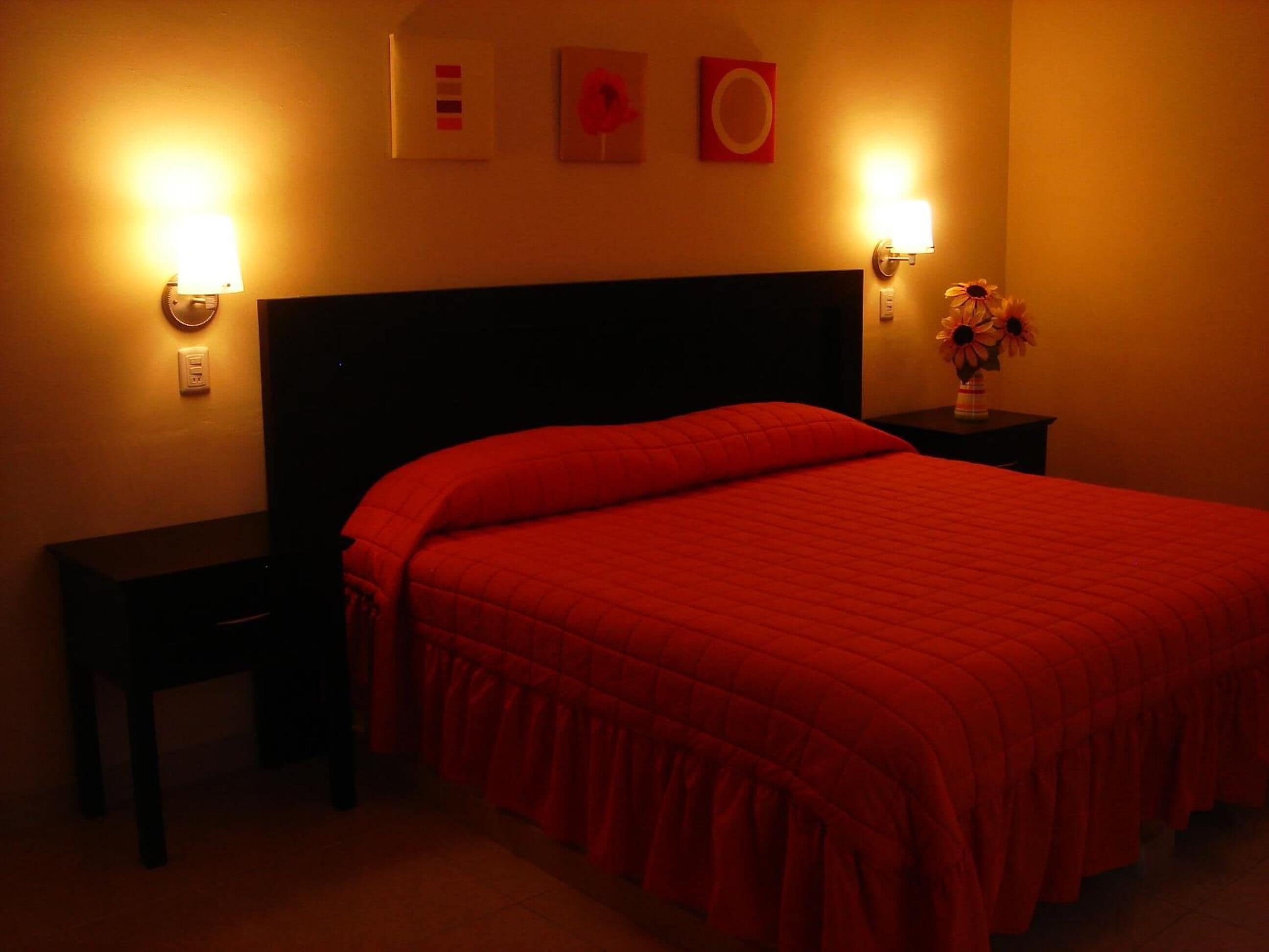 Une chambre d’hôtel avec un grand lit, une table de chevet ornée d’un vase de fleurs et des lampes fixées au mur.